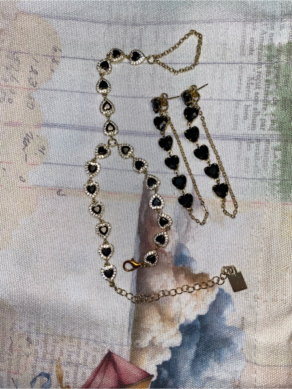 Feed Me Gems Gold Black Heart Hand Chain & Drop Earrings Set